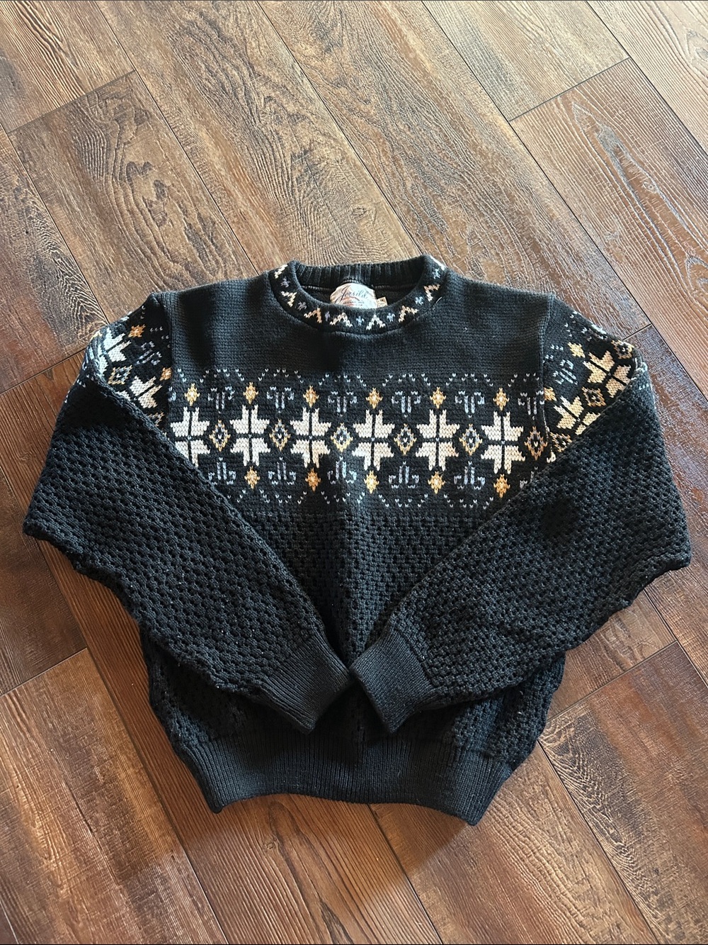 Black  100% Wool Fair Isle Crewneck Sweater with Cream & Gold Accents